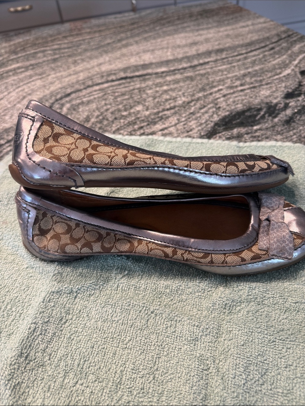 Coach Brown Signature-Print Ballet Flats with Metallic Trim - Picture 2 of 6